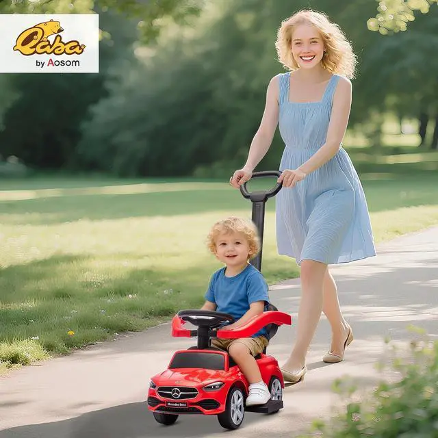 Alt view image 2 of 7 - Qaba Mercedes-Benz C-Class Licensed 2-in-1 Ride-On Push Car 18-36 M Red | Baby Stroller Walking Car, Parent Control Handle, Safety Guardrail, Horn, Under Seat Storage, Kids Foot-to-Floor Toy