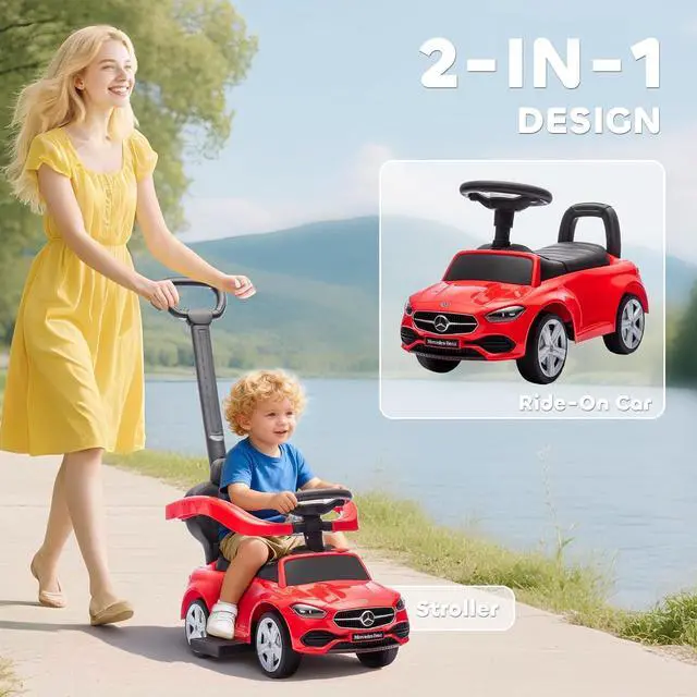 Alt view image 3 of 7 - Qaba Mercedes-Benz C-Class Licensed 2-in-1 Ride-On Push Car 18-36 M Red | Baby Stroller Walking Car, Parent Control Handle, Safety Guardrail, Horn, Under Seat Storage, Kids Foot-to-Floor Toy
