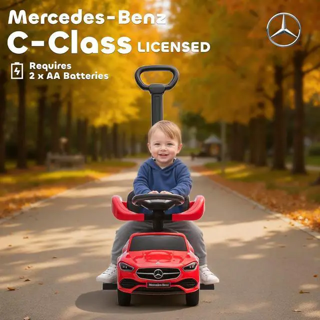 Alt view image 4 of 7 - Qaba Mercedes-Benz C-Class Licensed 2-in-1 Ride-On Push Car 18-36 M Red | Baby Stroller Walking Car, Parent Control Handle, Safety Guardrail, Horn, Under Seat Storage, Kids Foot-to-Floor Toy