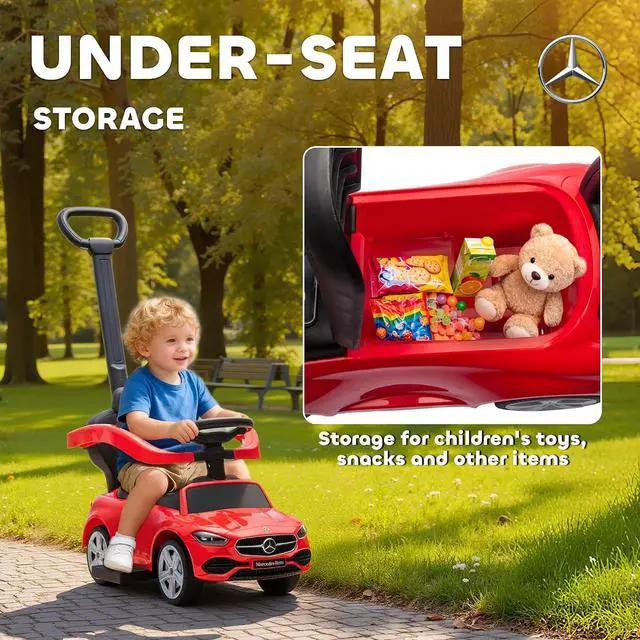 Alt view image 5 of 7 - Qaba Mercedes-Benz C-Class Licensed 2-in-1 Ride-On Push Car 18-36 M Red | Baby Stroller Walking Car, Parent Control Handle, Safety Guardrail, Horn, Under Seat Storage, Kids Foot-to-Floor Toy