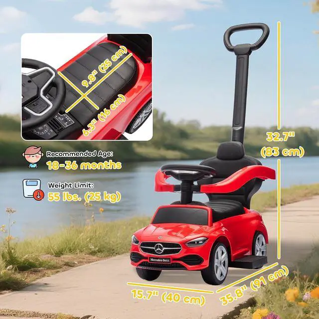 Alt view image 7 of 7 - Qaba Mercedes-Benz C-Class Licensed 2-in-1 Ride-On Push Car 18-36 M Red | Baby Stroller Walking Car, Parent Control Handle, Safety Guardrail, Horn, Under Seat Storage, Kids Foot-to-Floor Toy