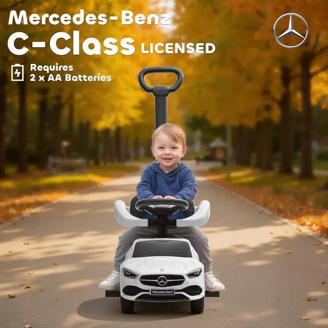 Alt view image 4 of 7 - Qaba Mercedes-Benz C-Class Licensed 2-in-1 Ride-On Push Car 18-36 M White | Baby Stroller Walking Car, Parent Control Handle, Safety Guardrail, Horn, Under Seat Storage, Kids Foot-to-Floor Toy