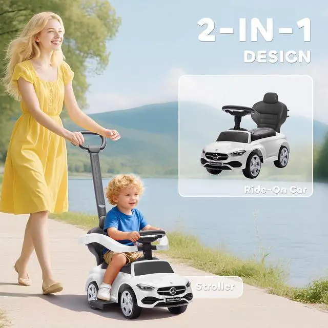 Alt view image 3 of 7 - Qaba Mercedes-Benz C-Class Licensed 2-in-1 Ride-On Push Car 18-36 M White | Baby Stroller Walking Car, Parent Control Handle, Safety Guardrail, Horn, Under Seat Storage, Kids Foot-to-Floor Toy