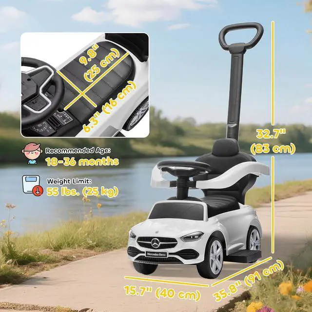 Alt view image 7 of 7 - Qaba Mercedes-Benz C-Class Licensed 2-in-1 Ride-On Push Car 18-36 M White | Baby Stroller Walking Car, Parent Control Handle, Safety Guardrail, Horn, Under Seat Storage, Kids Foot-to-Floor Toy