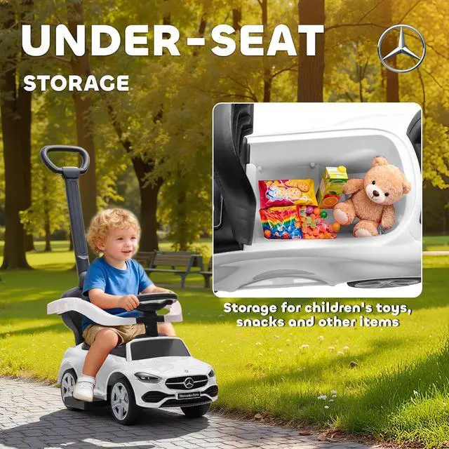 Alt view image 5 of 7 - Qaba Mercedes-Benz C-Class Licensed 2-in-1 Ride-On Push Car 18-36 M White | Baby Stroller Walking Car, Parent Control Handle, Safety Guardrail, Horn, Under Seat Storage, Kids Foot-to-Floor Toy
