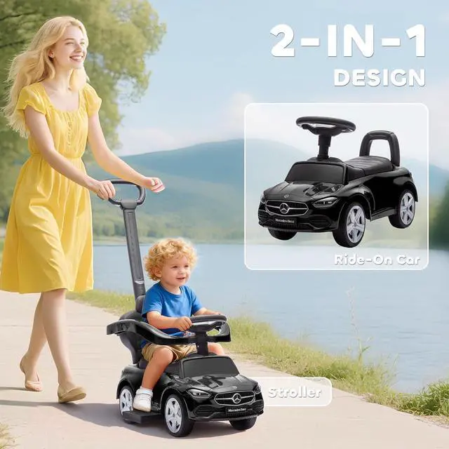Alt view image 3 of 7 - Qaba Mercedes-Benz C-Class Licensed 2-in-1 Ride-On Push Car 18-36 M Black | Baby Stroller Walking Car, Parent Control Handle, Safety Guardrail, Horn, Under Seat Storage, Kids Foot-to-Floor Toy