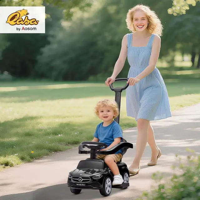 Alt view image 2 of 7 - Qaba Mercedes-Benz C-Class Licensed 2-in-1 Ride-On Push Car 18-36 M Black | Baby Stroller Walking Car, Parent Control Handle, Safety Guardrail, Horn, Under Seat Storage, Kids Foot-to-Floor Toy