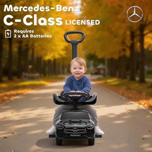 Alt view image 4 of 7 - Qaba Mercedes-Benz C-Class Licensed 2-in-1 Ride-On Push Car 18-36 M Black | Baby Stroller Walking Car, Parent Control Handle, Safety Guardrail, Horn, Under Seat Storage, Kids Foot-to-Floor Toy