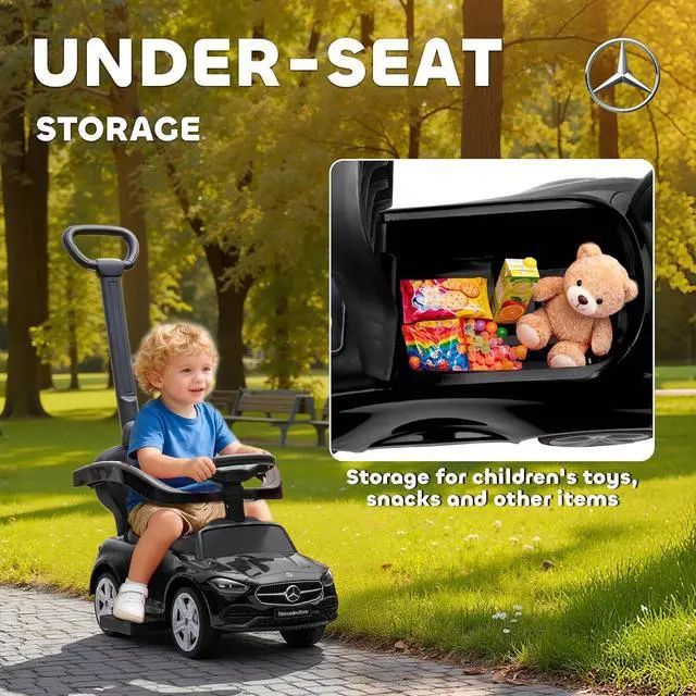 Alt view image 5 of 7 - Qaba Mercedes-Benz C-Class Licensed 2-in-1 Ride-On Push Car 18-36 M Black | Baby Stroller Walking Car, Parent Control Handle, Safety Guardrail, Horn, Under Seat Storage, Kids Foot-to-Floor Toy