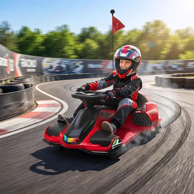 Alt view image 2 of 7 - 12V Electric Go Kart 5 MPH Drifting Go Kart for 8-12 Years Old Red | Battery Powered Ride on Toy, Outdoor Use, Slow Start, Music, Colorful Lights, 110 lb Max Weight
