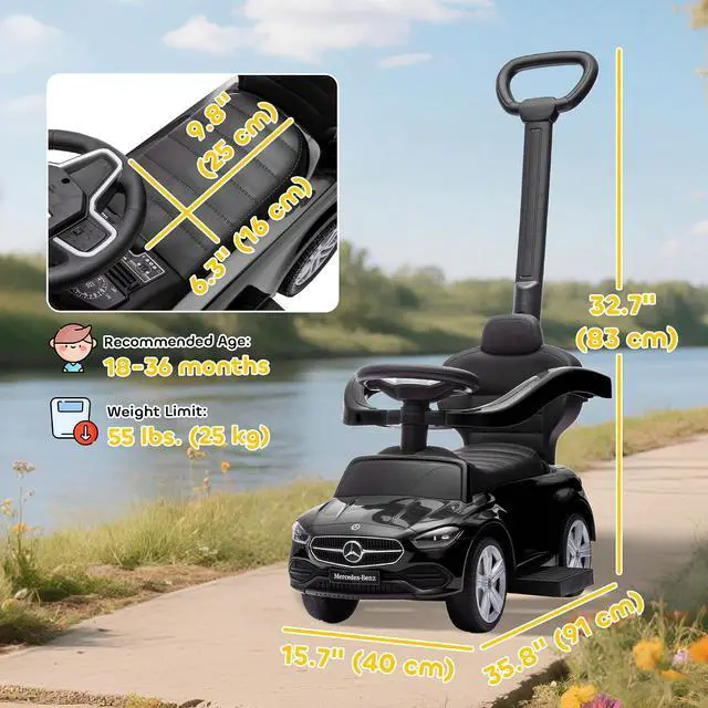 Alt view image 7 of 7 - Qaba Mercedes-Benz C-Class Licensed 2-in-1 Ride-On Push Car 18-36 M Black | Baby Stroller Walking Car, Parent Control Handle, Safety Guardrail, Horn, Under Seat Storage, Kids Foot-to-Floor Toy