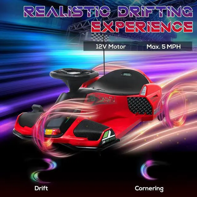 Alt view image 3 of 7 - 12V Electric Go Kart 5 MPH Drifting Go Kart for 8-12 Years Old Red | Battery Powered Ride on Toy, Outdoor Use, Slow Start, Music, Colorful Lights, 110 lb Max Weight