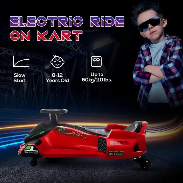 Alt view image 6 of 7 - 12V Electric Go Kart 5 MPH Drifting Go Kart for 8-12 Years Old Red | Battery Powered Ride on Toy, Outdoor Use, Slow Start, Music, Colorful Lights, 110 lb Max Weight