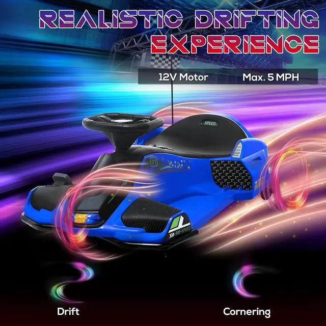Alt view image 3 of 7 - 12V Electric Go Kart 5 MPH Drifting Go Kart for 8-12 Years Old Blue | Battery Powered Ride on Toy, Outdoor Use, Slow Start, Music, Colorful Lights, 110 lb Max Weight