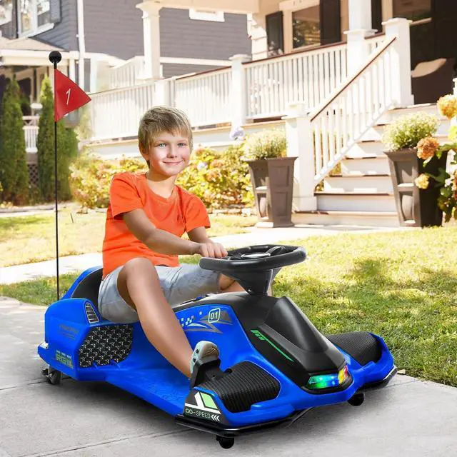 Alt view image 2 of 7 - 12V Electric Go Kart 5 MPH Drifting Go Kart for 8-12 Years Old Blue | Battery Powered Ride on Toy, Outdoor Use, Slow Start, Music, Colorful Lights, 110 lb Max Weight