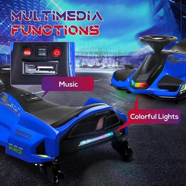 Alt view image 4 of 7 - 12V Electric Go Kart 5 MPH Drifting Go Kart for 8-12 Years Old Blue | Battery Powered Ride on Toy, Outdoor Use, Slow Start, Music, Colorful Lights, 110 lb Max Weight