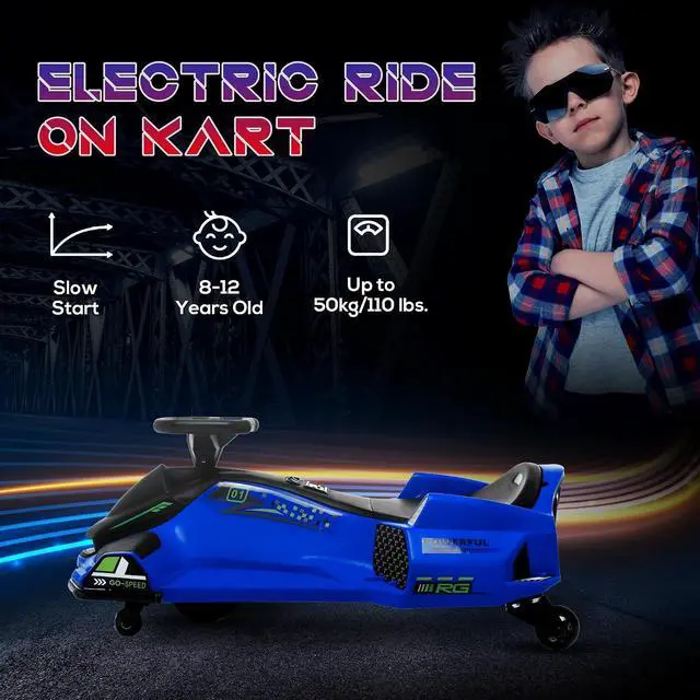 Alt view image 6 of 7 - 12V Electric Go Kart 5 MPH Drifting Go Kart for 8-12 Years Old Blue | Battery Powered Ride on Toy, Outdoor Use, Slow Start, Music, Colorful Lights, 110 lb Max Weight