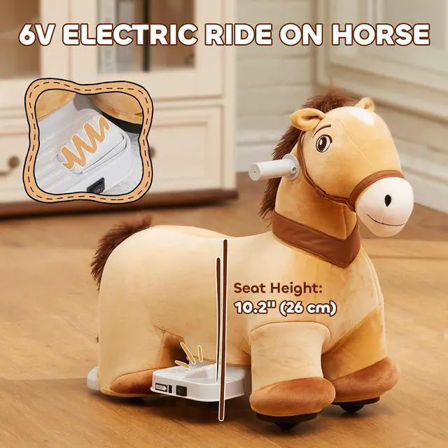 Alt view image 3 of 7 - Qaba 6V Ride on Horse with Music for Girls Boys Aged 18-36 Months Brown | Battery Powered Kids Ride on Toy Horse, Electric Kids Riding Pony, Soft Touch, PU Wheels, Foot Pedal, Forward