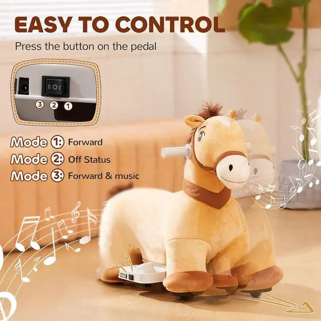 Alt view image 5 of 7 - Qaba 6V Ride on Horse with Music for Girls Boys Aged 18-36 Months Brown | Battery Powered Kids Ride on Toy Horse, Electric Kids Riding Pony, Soft Touch, PU Wheels, Foot Pedal, Forward