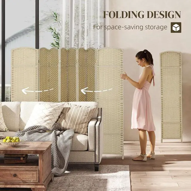 Alt view image 4 of 7 - Room Divider 8 Panel Folding Privacy Screen 5.6' Tall Beige | Freestanding Partition, Home Office, Bedroom