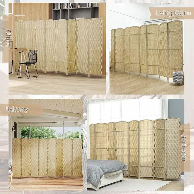 Alt view image 6 of 7 - Room Divider 8 Panel Folding Privacy Screen 5.6' Tall Beige | Freestanding Partition, Home Office, Bedroom