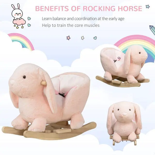 Alt view image 3 of 7 - Qaba Baby Rocking Horse with Simulated Sound for Toddler 18-36 Months Pink | Plush Rabbit Animal Rocker, Wooden Base, Seat Belt, Stuffed Rocking Chair