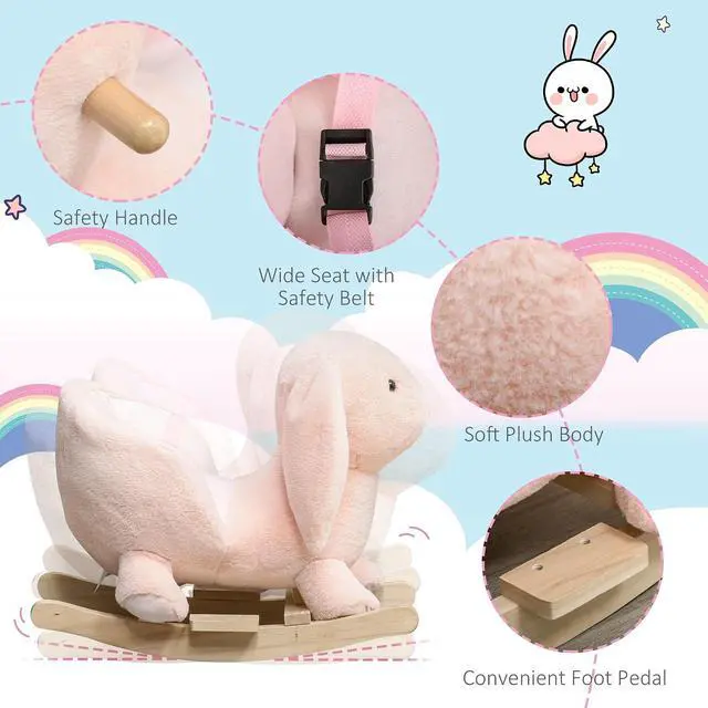 Alt view image 4 of 7 - Qaba Baby Rocking Horse with Simulated Sound for Toddler 18-36 Months Pink | Plush Rabbit Animal Rocker, Wooden Base, Seat Belt, Stuffed Rocking Chair