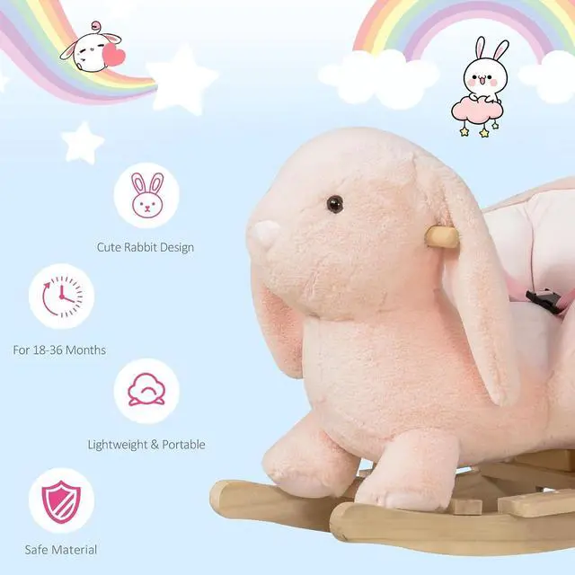 Alt view image 5 of 7 - Qaba Baby Rocking Horse with Simulated Sound for Toddler 18-36 Months Pink | Plush Rabbit Animal Rocker, Wooden Base, Seat Belt, Stuffed Rocking Chair
