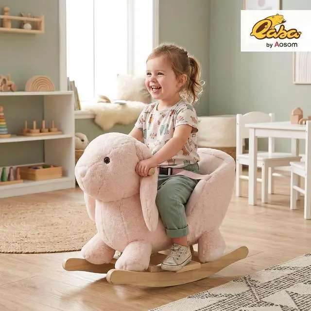 Alt view image 2 of 7 - Qaba Baby Rocking Horse with Simulated Sound for Toddler 18-36 Months Pink | Plush Rabbit Animal Rocker, Wooden Base, Seat Belt, Stuffed Rocking Chair