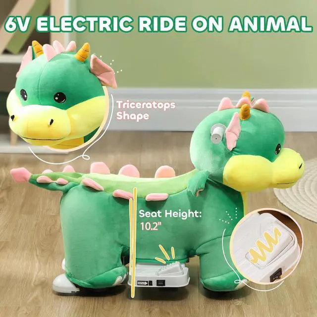 Alt view image 3 of 7 - Qaba 6V Kids Ride on Horse Battery Powered Triceratops Shaped Music Green | Ride on Toy, Electric Riding Animal, Washable Cover, PU Wheels, Foot Pedal, Forward, for Girls Boys 1.5-5 Years