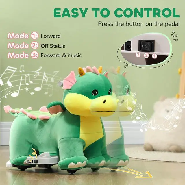 Alt view image 5 of 7 - Qaba 6V Kids Ride on Horse Battery Powered Triceratops Shaped Music Green | Ride on Toy, Electric Riding Animal, Washable Cover, PU Wheels, Foot Pedal, Forward, for Girls Boys 1.5-5 Years