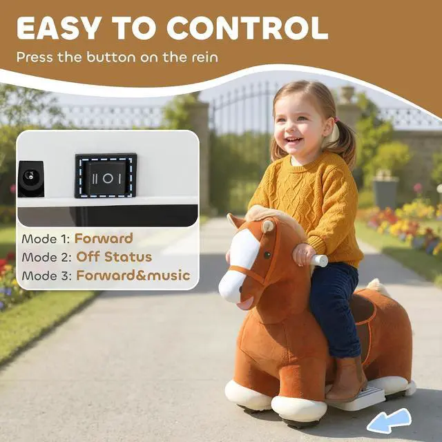 Alt view image 4 of 7 - Qaba 6V Kids Ride on Horse Battery Powered Horse Shaped Music Dark Brown | Ride on Toy, Electric Riding Animal, Soft Touch, PU Wheels, Foot Pedal, Forward, for Girls Boys 1.5-5 Years