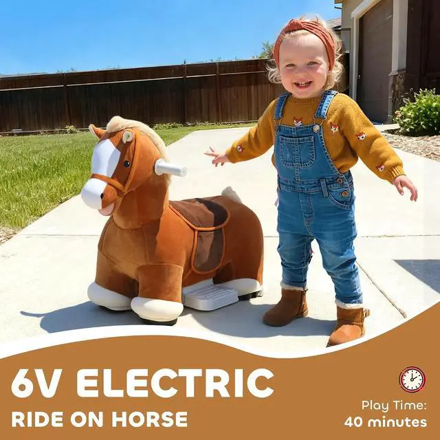 Alt view image 3 of 7 - Qaba 6V Kids Ride on Horse Battery Powered Horse Shaped Music Dark Brown | Ride on Toy, Electric Riding Animal, Soft Touch, PU Wheels, Foot Pedal, Forward, for Girls Boys 1.5-5 Years
