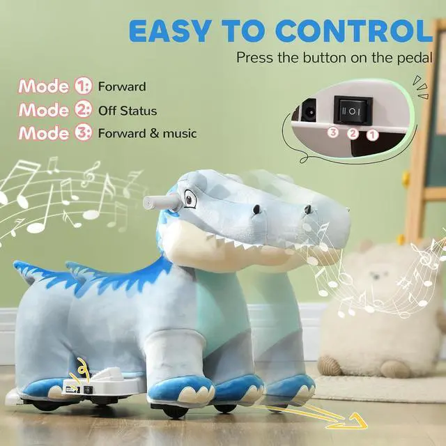 Alt view image 5 of 7 - Qaba 6V Kids Ride on Horse Battery Powered Tyrannosaurus Shaped Music Blue | Ride on Toy, Electric Riding Animal, Soft Touch, PU Wheels, Foot Pedal, Forward, for Girls Boys 18-36 Months