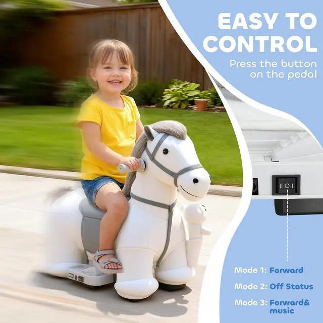Alt view image 4 of 7 - Qaba 6V Kids Ride on Horse, Battery Powered Riding Pony w/Bear Music White | Ride on Toy, Electric Riding Animal, Washable Cover, PU Wheels, Foot Pedal, Forward, for Girls Boys 1.5-5 Years