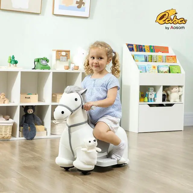Alt view image 2 of 7 - Qaba 6V Kids Ride on Horse, Battery Powered Riding Pony w/Bear Music White | Ride on Toy, Electric Riding Animal, Washable Cover, PU Wheels, Foot Pedal, Forward, for Girls Boys 1.5-5 Years