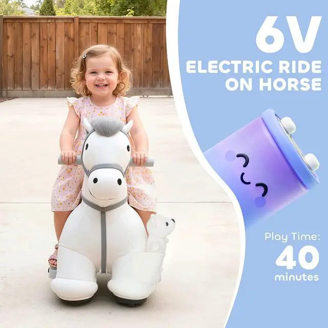 Alt view image 3 of 7 - Qaba 6V Kids Ride on Horse, Battery Powered Riding Pony w/Bear Music White | Ride on Toy, Electric Riding Animal, Washable Cover, PU Wheels, Foot Pedal, Forward, for Girls Boys 1.5-5 Years