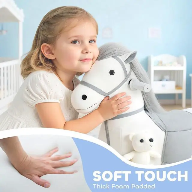 Alt view image 6 of 7 - Qaba 6V Kids Ride on Horse, Battery Powered Riding Pony w/Bear Music White | Ride on Toy, Electric Riding Animal, Washable Cover, PU Wheels, Foot Pedal, Forward, for Girls Boys 1.5-5 Years