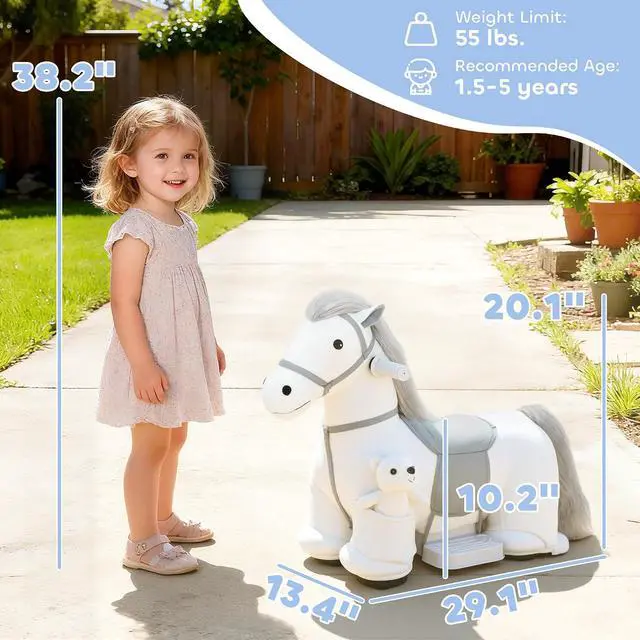 Alt view image 7 of 7 - Qaba 6V Kids Ride on Horse, Battery Powered Riding Pony w/Bear Music White | Ride on Toy, Electric Riding Animal, Washable Cover, PU Wheels, Foot Pedal, Forward, for Girls Boys 1.5-5 Years