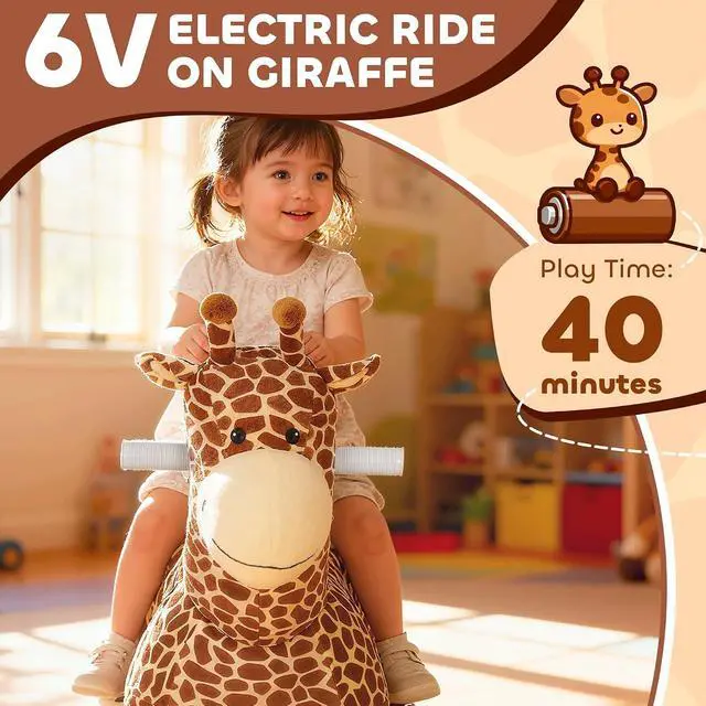 Alt view image 3 of 7 - Qaba 6V Kids Ride On Horse Battery Powered Giraffe Shaped Music Brown | Ride on Toy, Electric Riding Animal, Washable Cover, PU Wheels, Foot Pedal, Forward, for Girls Boys 1.5-5 Years