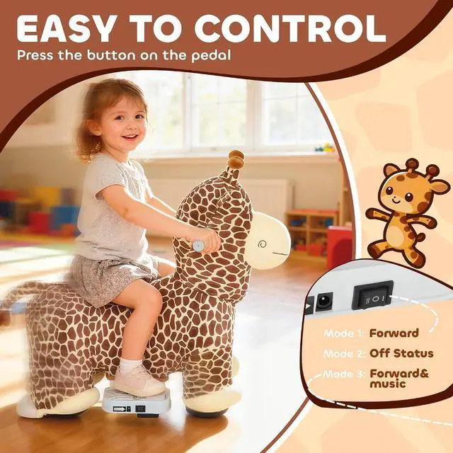 Alt view image 4 of 7 - Qaba 6V Kids Ride On Horse Battery Powered Giraffe Shaped Music Brown | Ride on Toy, Electric Riding Animal, Washable Cover, PU Wheels, Foot Pedal, Forward, for Girls Boys 1.5-5 Years