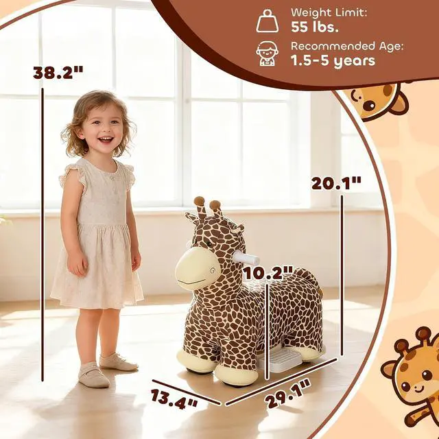 Alt view image 7 of 7 - Qaba 6V Kids Ride On Horse Battery Powered Giraffe Shaped Music Brown | Ride on Toy, Electric Riding Animal, Washable Cover, PU Wheels, Foot Pedal, Forward, for Girls Boys 1.5-5 Years