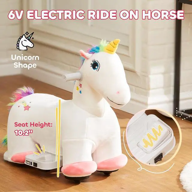Alt view image 3 of 7 - Qaba 6V Kids Ride on Horse Battery Powered Unicorn Shaped Music White | Ride on Toy, Electric Riding Animal, Soft Touch, PU Wheels, Foot Pedal, Forward, for Girls Boys 18-36 Months