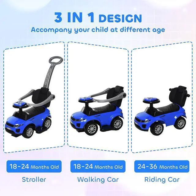 Alt view image 3 of 7 - 3 in 1 Push Cars for Toddlers with Horn Music for 18-36 Months Blue | Kid Ride on Stroller, Sliding Car, Light Function, Secure Bar, Ride on Toy, for Boy Girl
