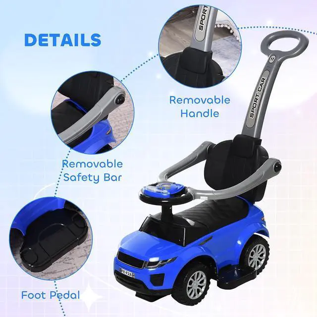 Alt view image 5 of 7 - 3 in 1 Push Cars for Toddlers with Horn Music for 18-36 Months Blue | Kid Ride on Stroller, Sliding Car, Light Function, Secure Bar, Ride on Toy, for Boy Girl