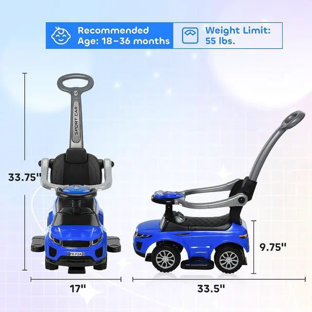 Alt view image 7 of 7 - 3 in 1 Push Cars for Toddlers with Horn Music for 18-36 Months Blue | Kid Ride on Stroller, Sliding Car, Light Function, Secure Bar, Ride on Toy, for Boy Girl