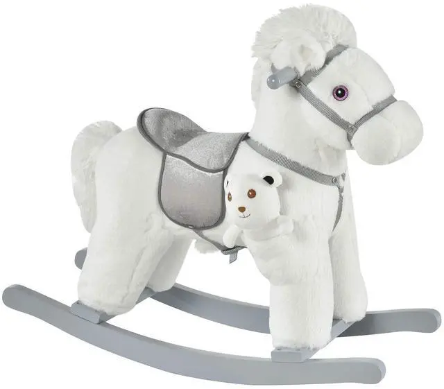 Main image of Qaba Kids Rocking Horse with Bear Toy Plush for Toddler 18-36 Months White | Animal Rocker, Fun Realistic Sounds