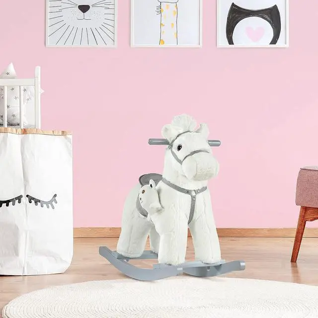 Alt view image 2 of 7 - Qaba Kids Rocking Horse with Bear Toy Plush for Toddler 18-36 Months White | Animal Rocker, Fun Realistic Sounds