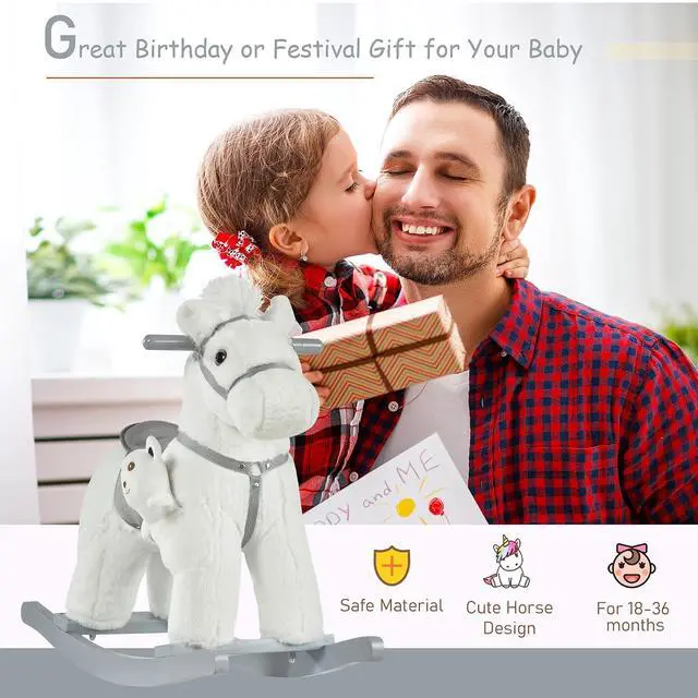 Alt view image 3 of 7 - Qaba Kids Rocking Horse with Bear Toy Plush for Toddler 18-36 Months White | Animal Rocker, Fun Realistic Sounds