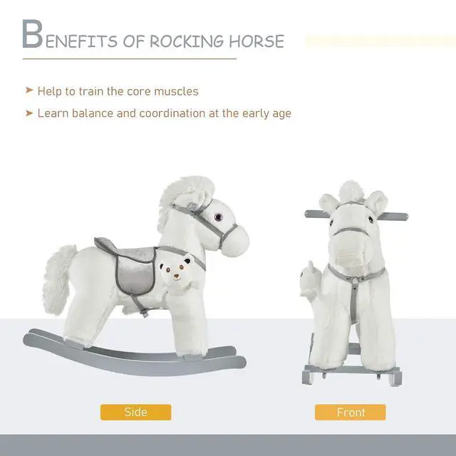 Alt view image 4 of 7 - Qaba Kids Rocking Horse with Bear Toy Plush for Toddler 18-36 Months White | Animal Rocker, Fun Realistic Sounds